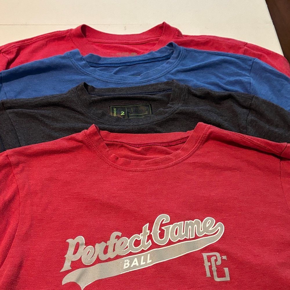 Perfect Game Red,Dark Gray and Blue T-Shirts Size Large. 4 shirts